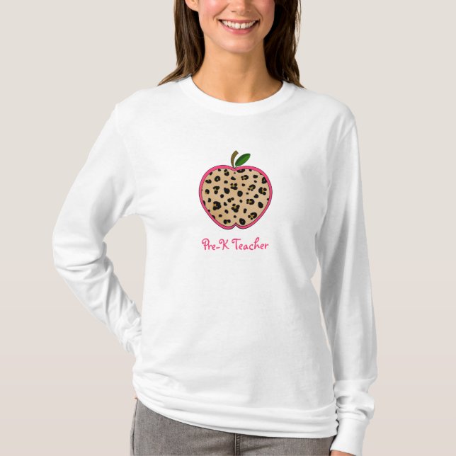 Pre K Teacher Leopard Print Apple T-Shirt (Front)
