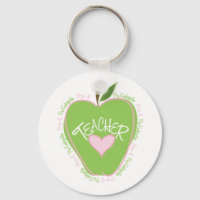 Pre K Teacher Pink and Green Apple Keychain (Front)