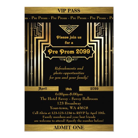 Pre Prom invitation,Gatsby style,ticket,black gold Card