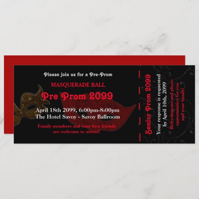 Pre Prom Invitation Ticket Masquerade Style,chic (Front/Back)