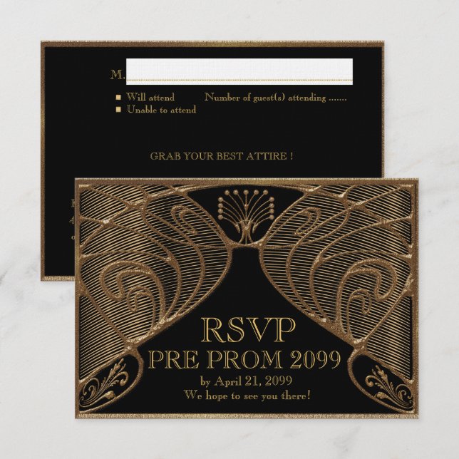 PRE PROM RSVP, Great Gatsby, gold on black Invitation (Front/Back)