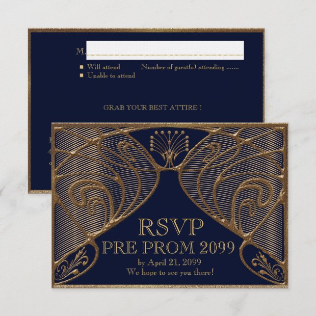 PRE PROM RSVP, Great Gatsby, gold on navy Invitation (Front/Back)
