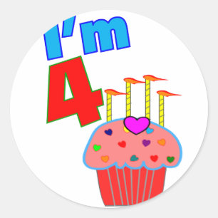 Pre School Birthday "I'm 4" Adorable Cupcake Classic Round Sticker