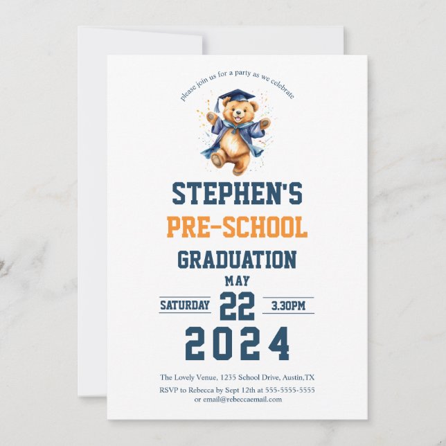 Pre School  Graduation Party Cute Teddy Bear  Invitation (Front)