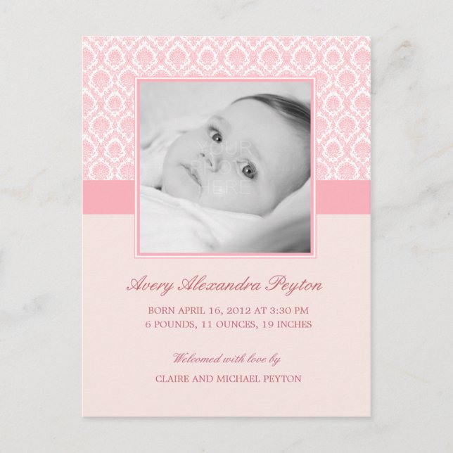 Précieux Damask Baby Girl Faire-part de naissance (Devant)
