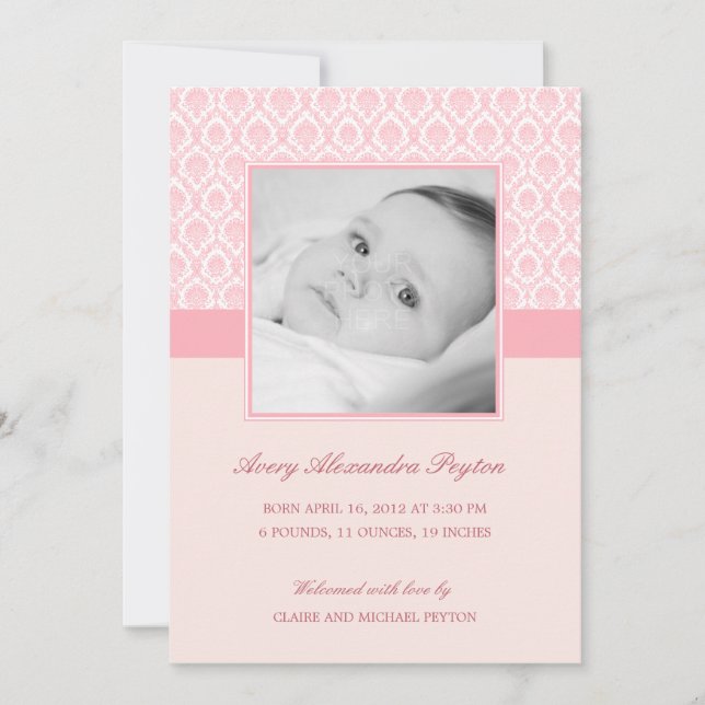 Précieux Damask Baby Girl Faire-part de naissance (Devant)