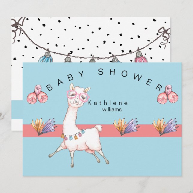Précieux rose et bleu Llama Baby shower Invitation (Devant / Derrière)