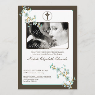 Precious Aqua Cherry Blossom Baptism Invitation