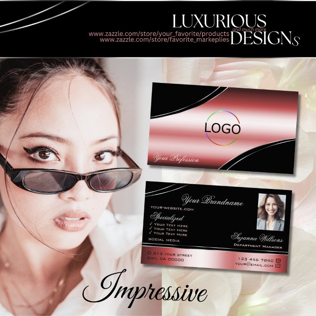 Precious Black Red Curved Decor Lines Logo Photo Business Card (Creator Uploaded)