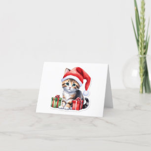 Precious Brown Tabby Santa Kitten BLANK Holiday Card