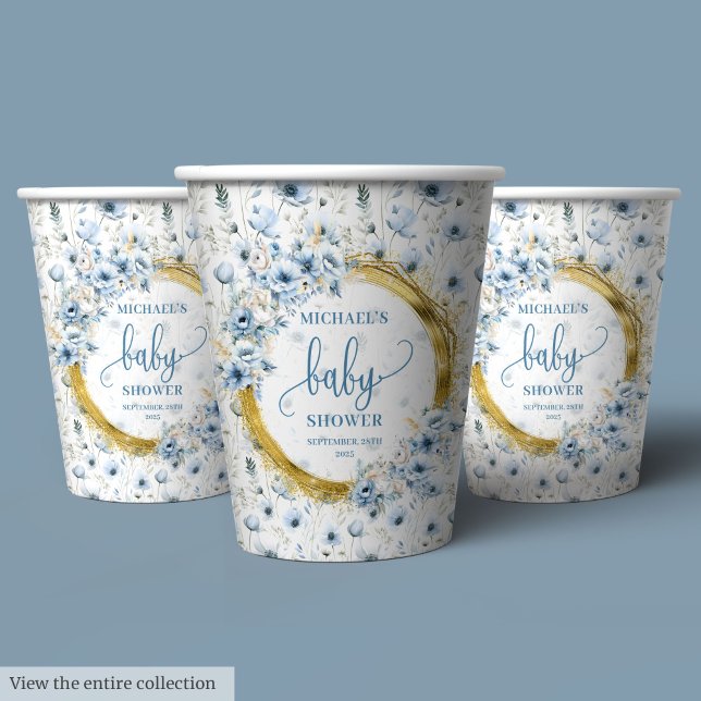 Precious dusty blue watercolor flowers gold shower paper cups (Precious dusty blue watercolor flowers gold shower Paper Cups)