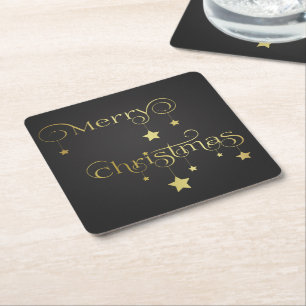 Precious Gold Merry Christmas Stars Square Paper Coaster