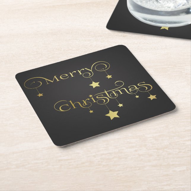 Precious Gold Merry Christmas Stars Square Paper Coaster (Angled)