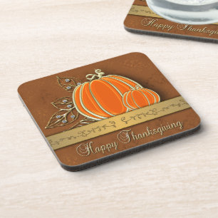 Precious Gold Thanksgiving Pumpkin Leaves Coaster