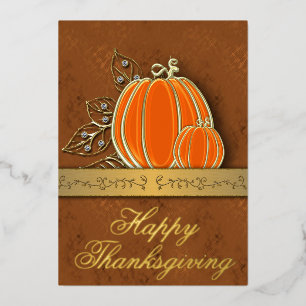 Precious Gold Thanksgiving Pumpkin Leaves Foil Holiday Card