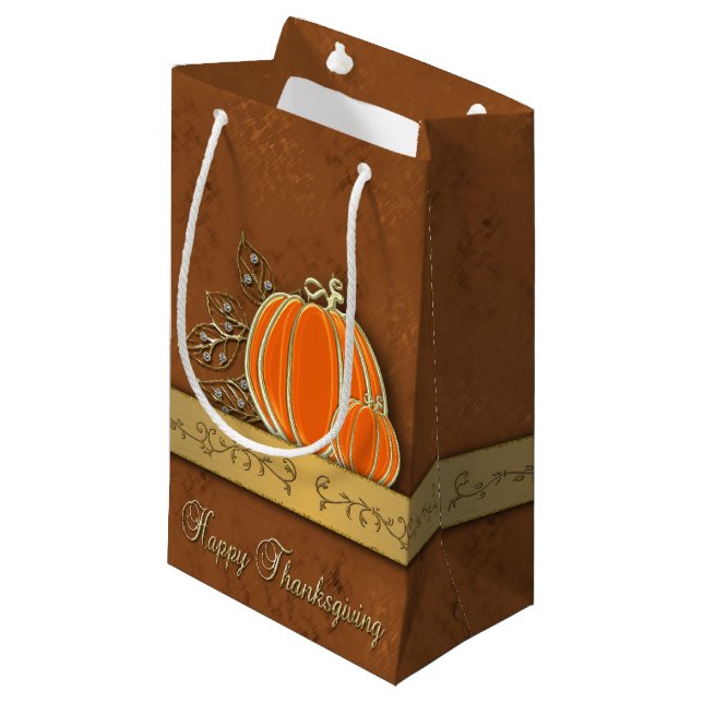 Precious Gold Thanksgiving Pumpkin Leaves Small Gift Bag (Front Angled)