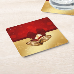 Precious Golden Christmas Bells Square Paper Coaster