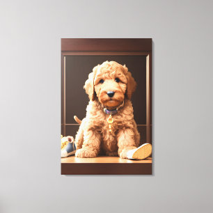 Precious Goldendoodle Puppy with Shoes Brown Colou Canvas Print