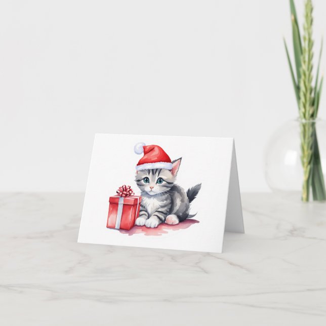 Precious Grey and White Santa Kitten BLANK  Holiday Card (Front)