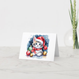 Precious Grey and White Santa Kitten BLANK  Holiday Card