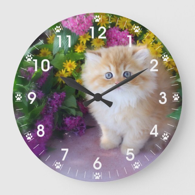 Precious Kittens Pink Purple Yellow Flowers Large Clock (Front)