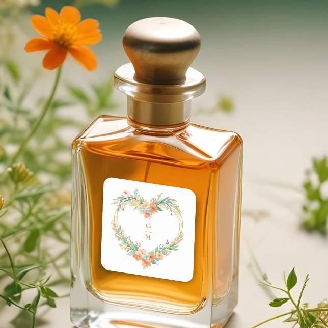 Precious Orange Green Floral Heart Wreath Wedding Square Sticker (Cherish Romantic Orange & Green Floral Heart Shape Wreath Wedding Square Stickers. )