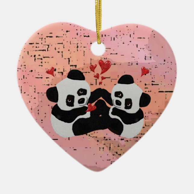 Precious Panda Hearts Ceramic Ornament (Front)