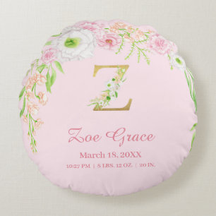 Precious Pink Gold Monogram "Z" Baby Girl Stats Round Pillow