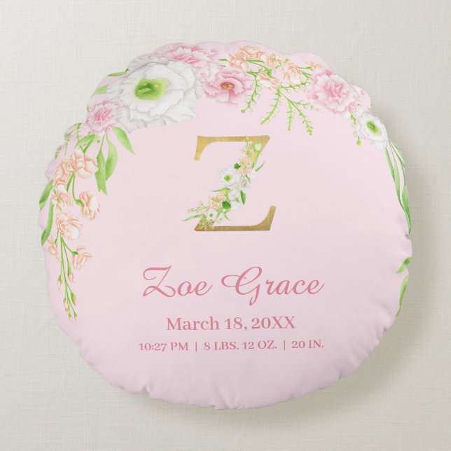 Precious Pink Gold Monogram "Z" Baby Girl Stats Round Pillow (Front)