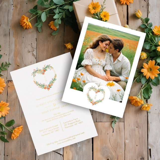 Precious Romantic Orange Green Floral Heart Shape (Cherish Romantic Orange & Green Floral Heart Shape Wreath Wedding Golden Metallic Foil Invitations.)