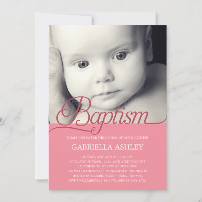 Precious Script Photo Baptism Invitation - Pink (Front)