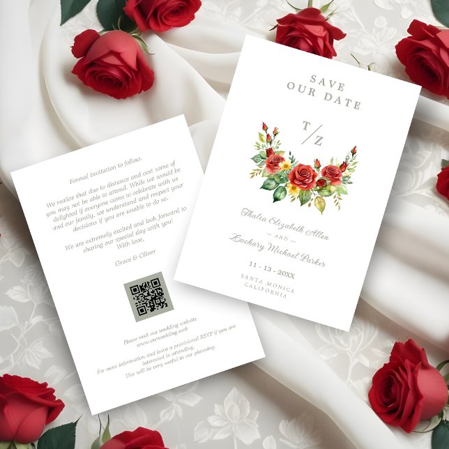 Precious Spring Floral Red Garland Wedding Initial Save The Date (Cherish Cute Spring Floral Red Garland Wedding Initials Save de Dates Cards.)