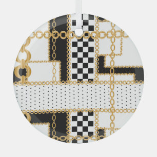 Precious stones, gold chains, seamless pattern. glass ornament