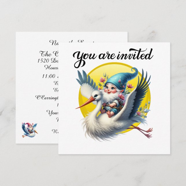 Precious Stork and Gnome  Invitation (Front/Back)