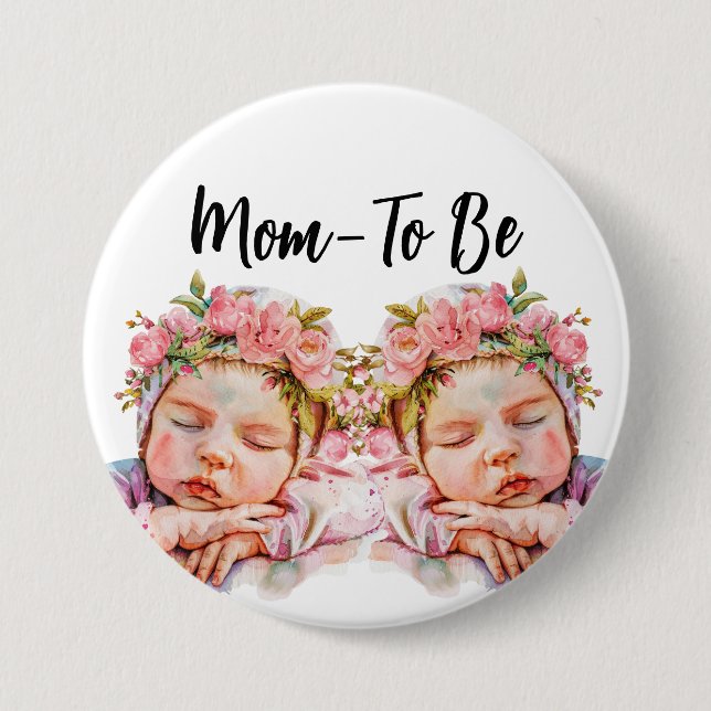Precious Twin Baby Girls in Pink Hats Mom-To-Be  3 Inch Round Button (Front)