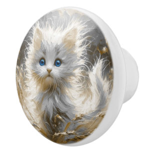 Precious White Kitten  Ceramic Knob