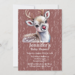 Precious White Reindeer Red Shiny Nose Baby Shower Invitation