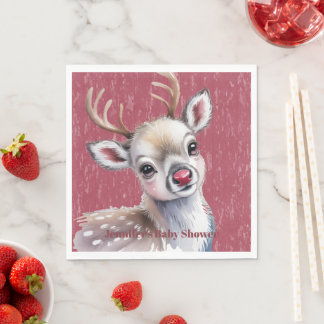 Precious White Reindeer Red Shiny Nose Birthday Napkin
