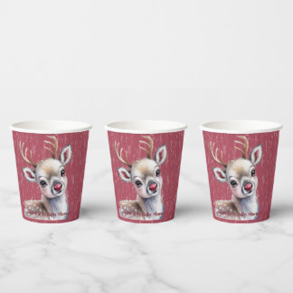 Precious White Reindeer Red Shiny Nose Birthday Paper Cups