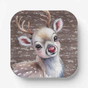 Precious White Reindeer Red Shiny Nose Birthday Paper Plate