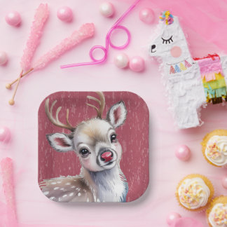 Precious White Reindeer Red Shiny Nose Birthday Paper Plate
