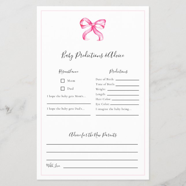  Predictions and Advice Game Pink Bow Baby Shower Flyer (Front)