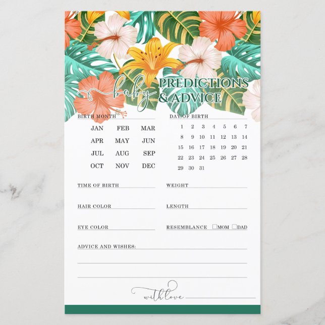 Predictions and Advice Tropical Baby Shower Game (Front)