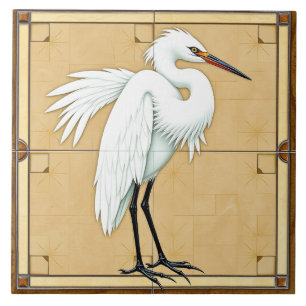 Preening Egret - Arts And Crafts Ceramic Tile