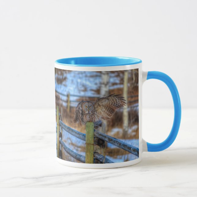 Preening Great Grey Owl and Snow Wildlife Raptor Mug (Right)