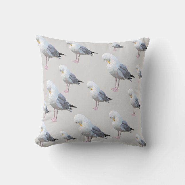 Preening Gull Pattern on Grey. Throw Pillow (Front)