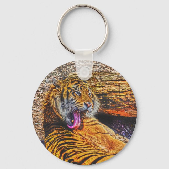 Preening Sumatran Tiger Big Cat Wildlife Art Keychain (Front)