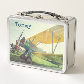 Preflight Antique Airplane Biplanes Custom Metal Lunch Box