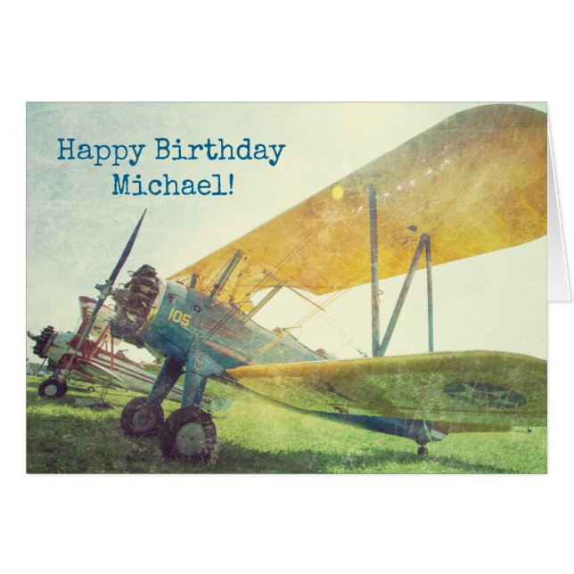 "Preflight" Biplane Airplane Happy Birthday Card (Front Horizontal)