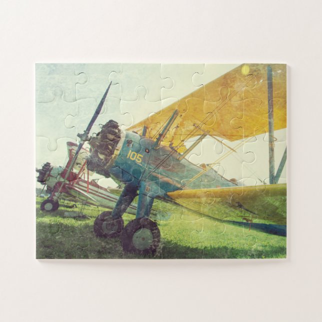 "Preflight Biplane" Retro Airplane Oversized Jigsaw Puzzle (Horizontal)